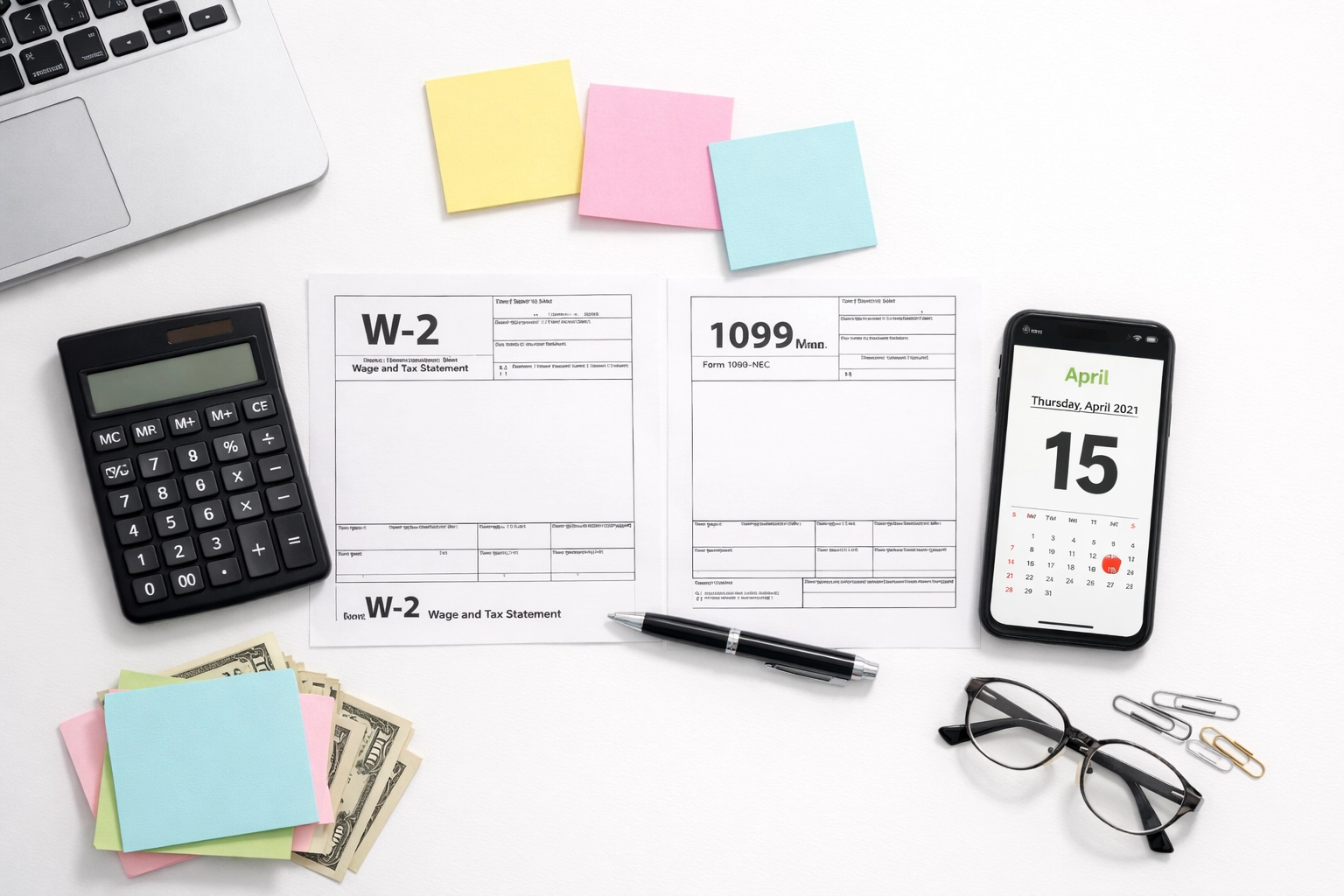 Organized tax documents including W-2 and 1099 forms with calculator and calendar showing April 15 deadline