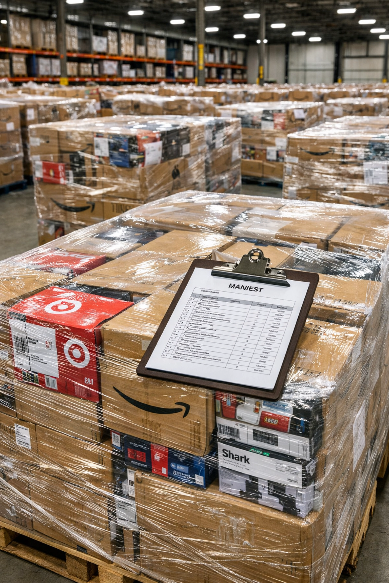 Stacked liquidation pallets with Amazon and Target retail boxes in USA warehouse