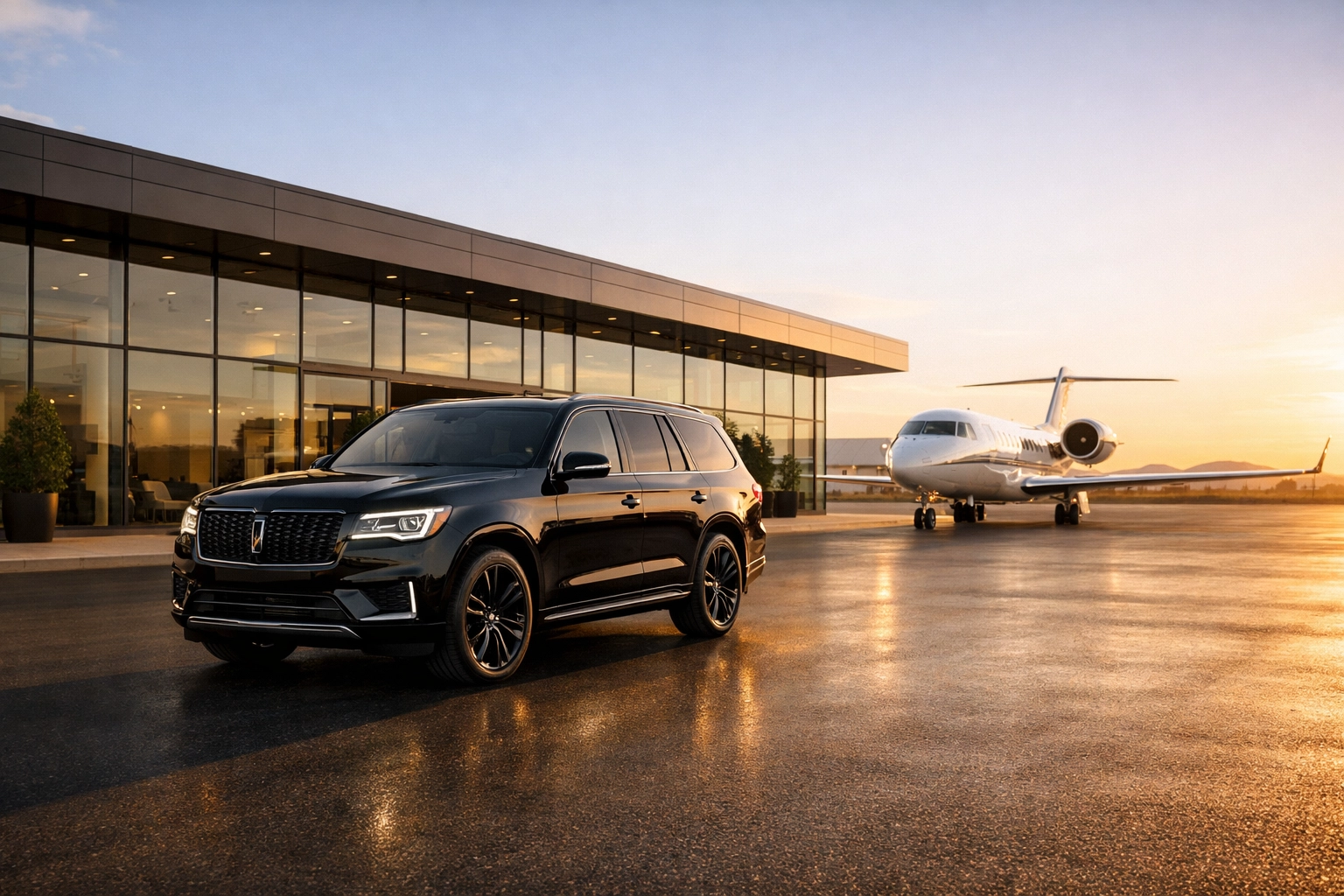 Luxury SUV parked at a private aviation terminal for Super Bowl executive transportation.