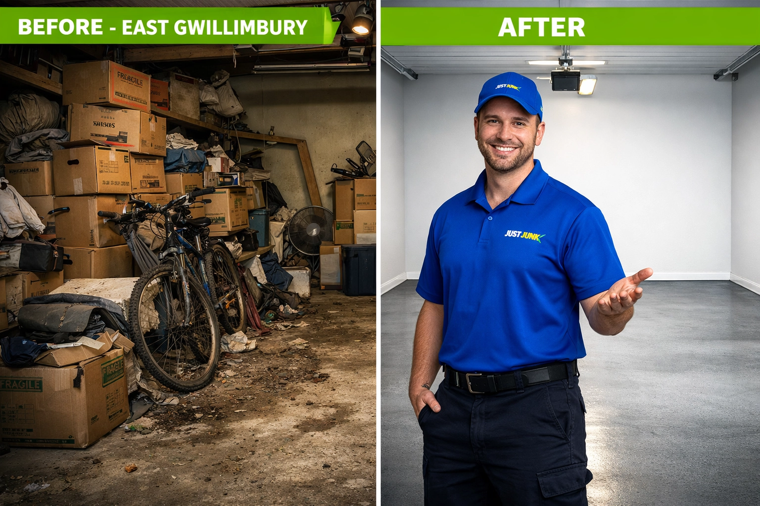 Before and after professional garage cleanout in East Gwillimbury with Junk GTA.