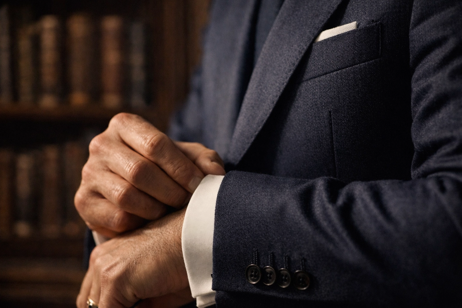 Bespoke navy blazer cuff with clean, plain French cuff showing quiet luxury tailoring craftsmanship