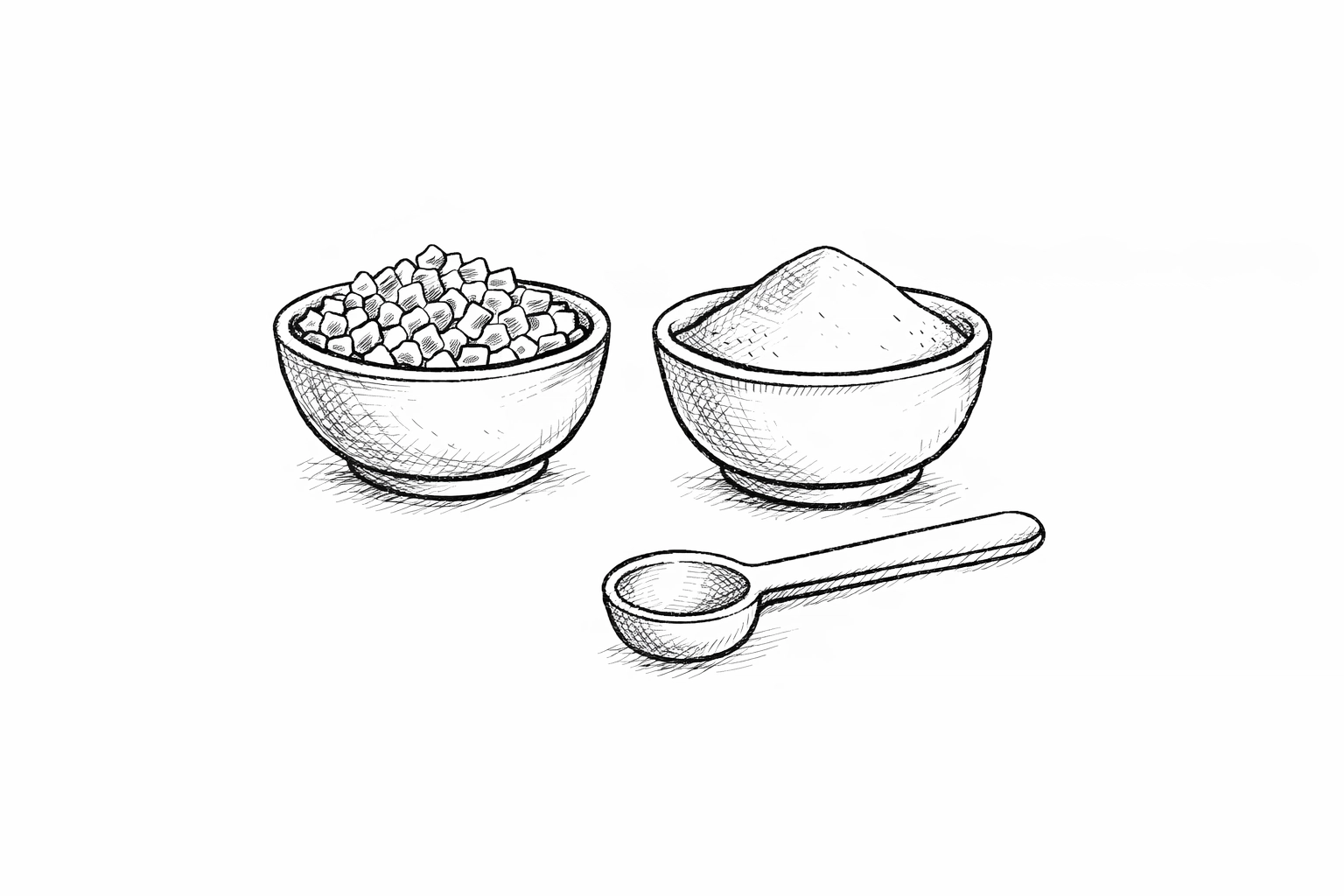 Black-and-white line drawing of two bowls (crystals and powder) with a measuring spoon (processed sweetener concept)