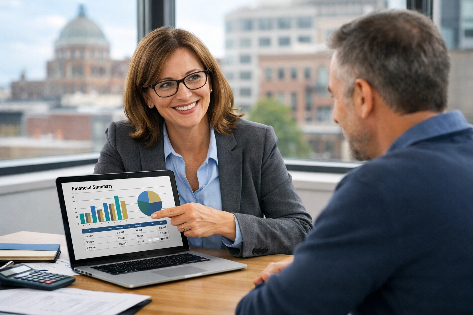 A Buffalo virtual bookkeeper pointing to clear financial reports during QuickBooks training.