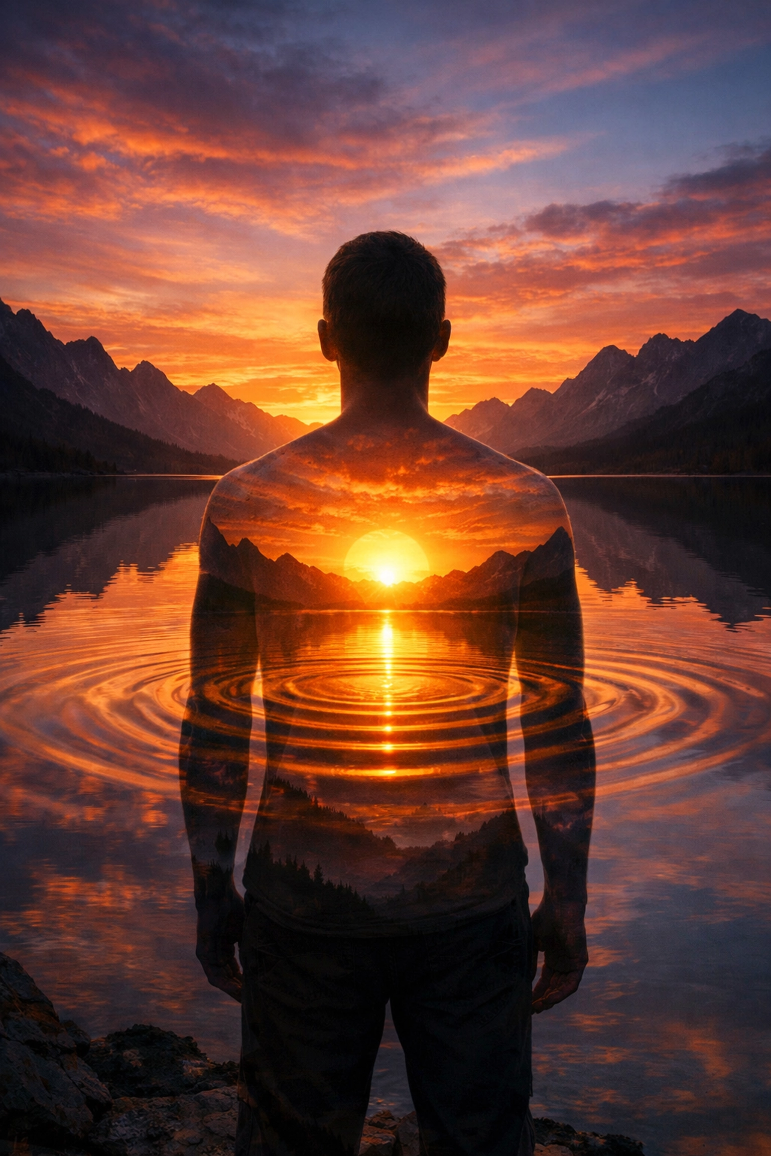 A person with a glowing heart center by a lake symbolizing a calm and regulated nervous system.