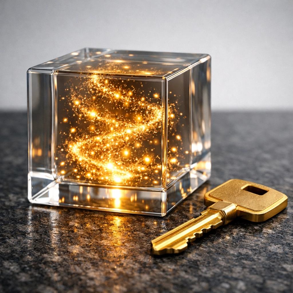A transparent glass cube and a brass key representing customer data privacy and business transparency.