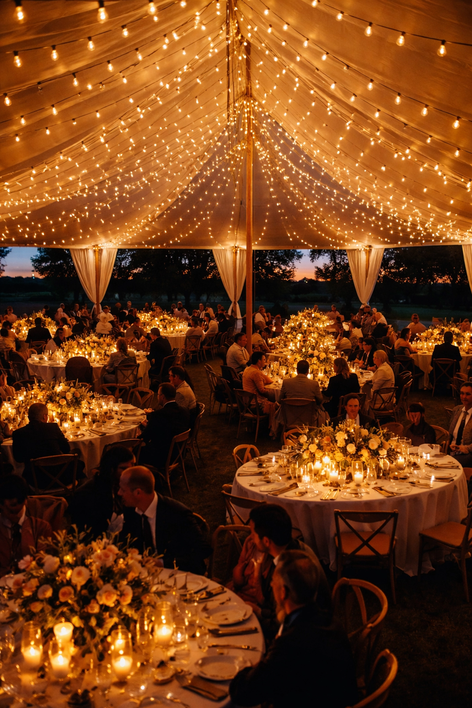 Overhead view of wedding reception tent at dusk with glowing string lights and decorated tables