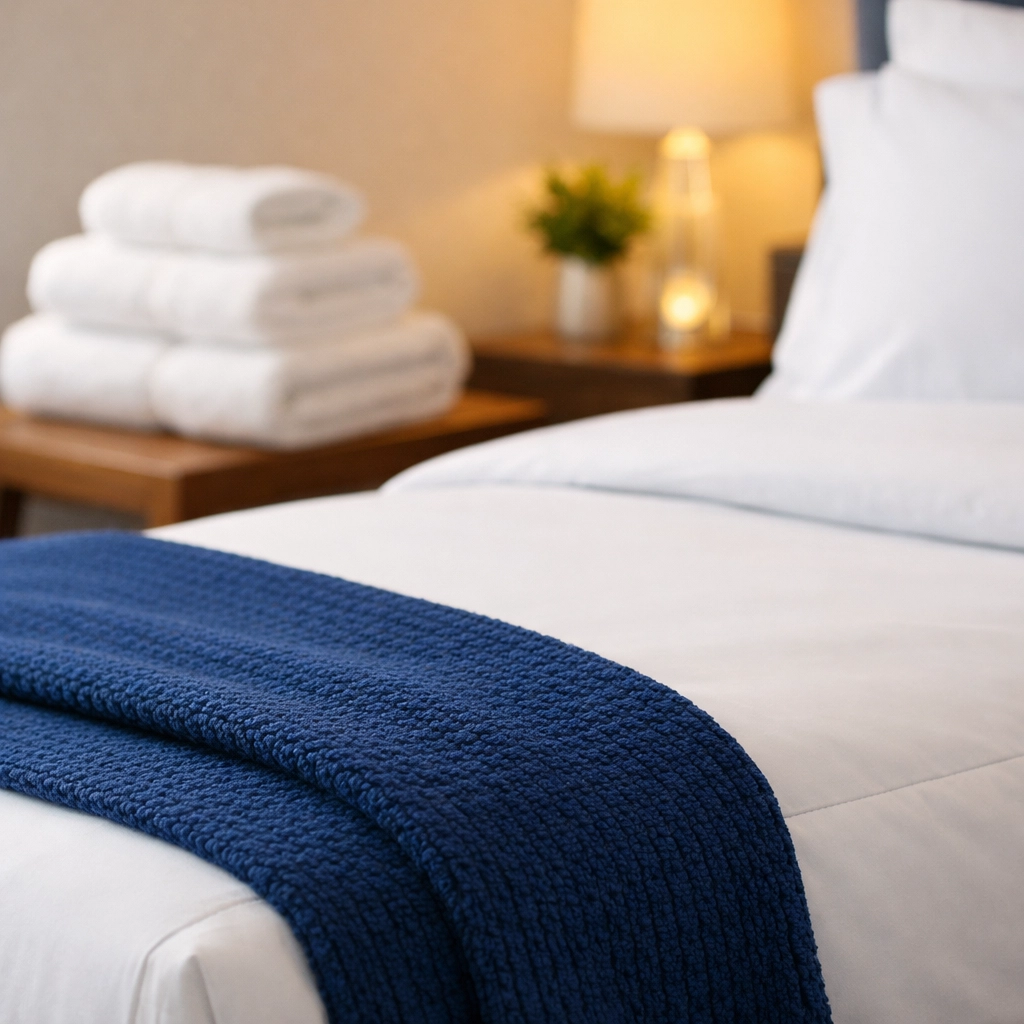 Professional turnover service in Fitchburg featuring a clean bedroom with fresh linens and towels.