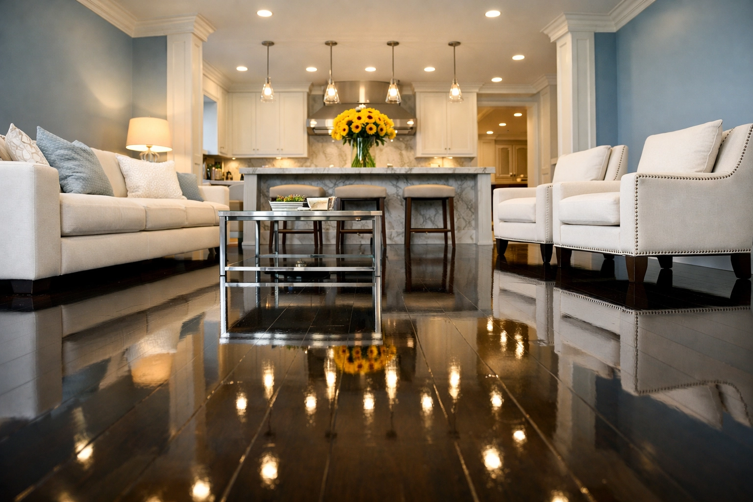 A pristine living room with polished floors after professional house cleaning in Shrewsbury.