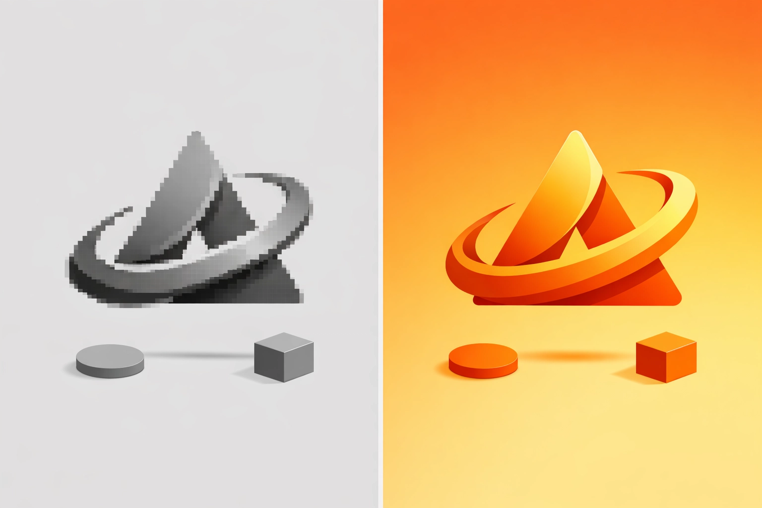 Comparison of pixelated raster logo versus crisp vector logo showing scalability difference