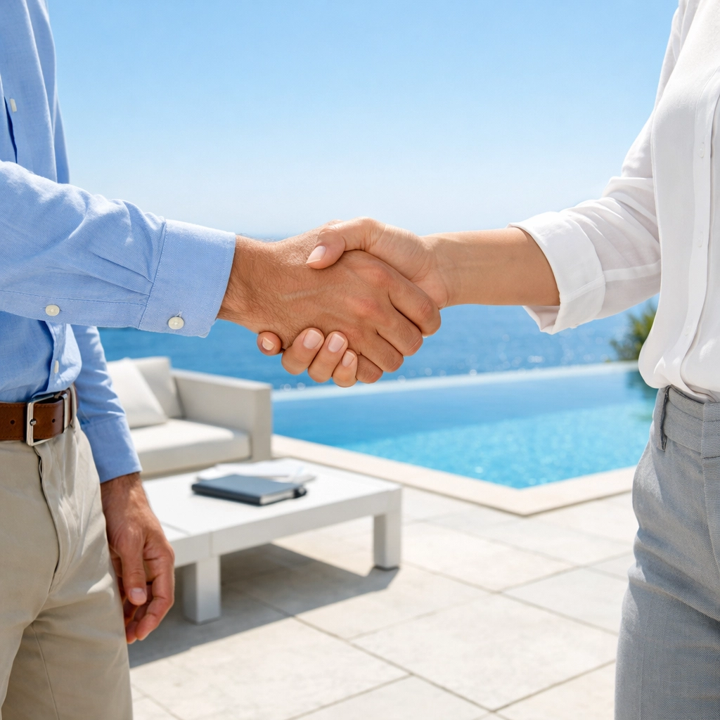 Professional handshake by a swimming pool signifying a successful pool route sales agreement.