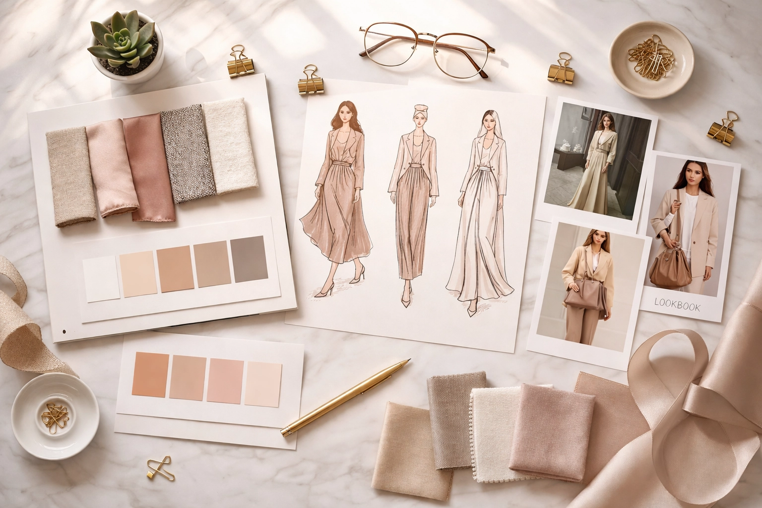 Fashion brand identity mood board with fabric swatches, sketches, and lookbook photos, emphasizing cohesive designer branding.