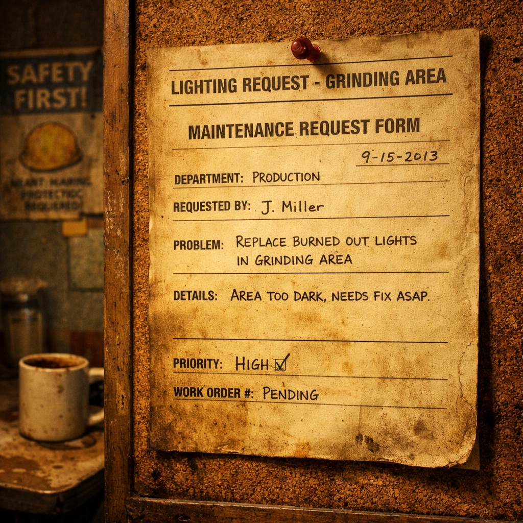 Nine-year-old maintenance request form on corkboard showing workplace neglect and broken safety promises