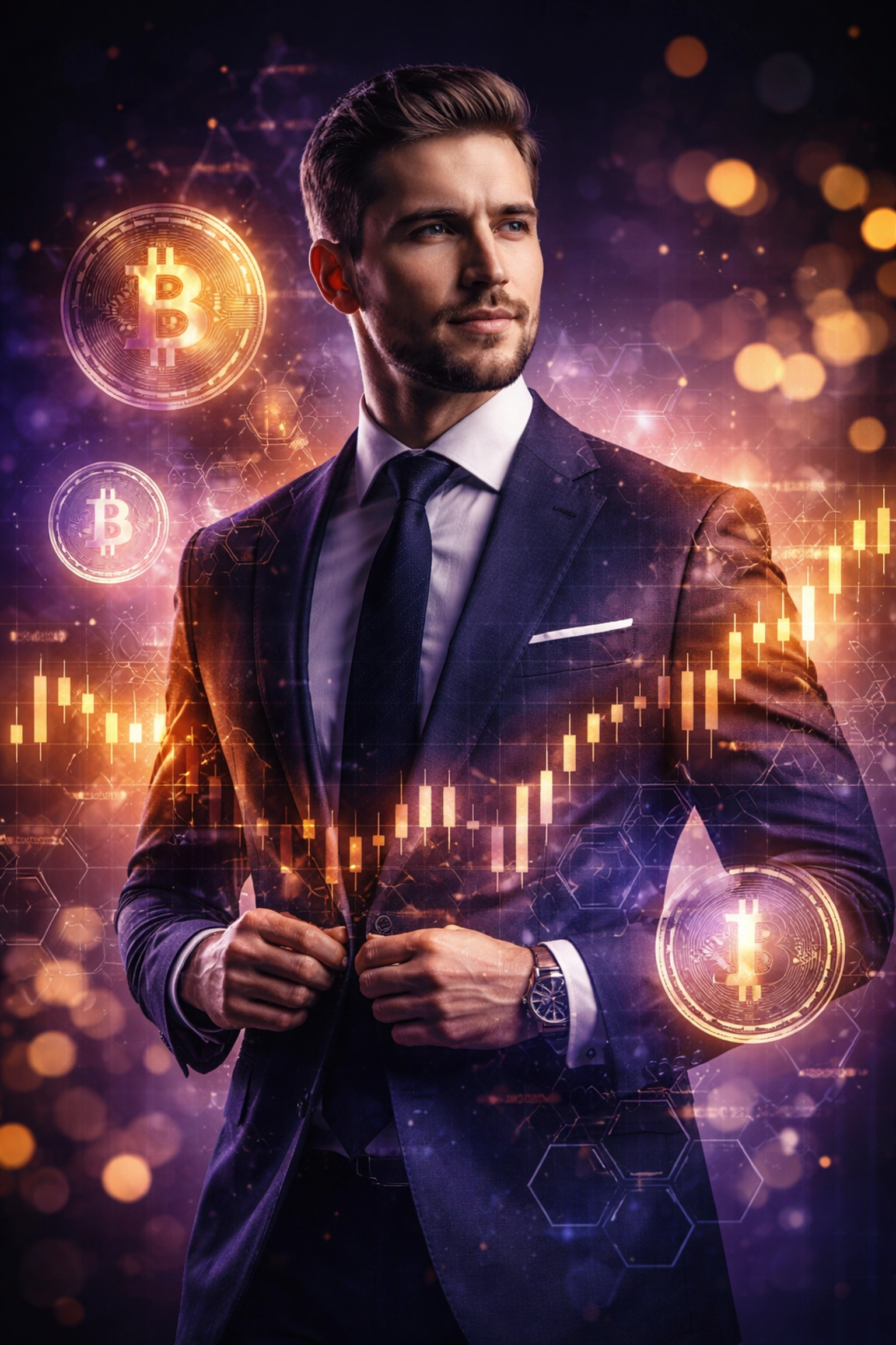Investor silhouette blended with digital cryptocurrency symbols and market charts, representing innovative portfolio strategies
