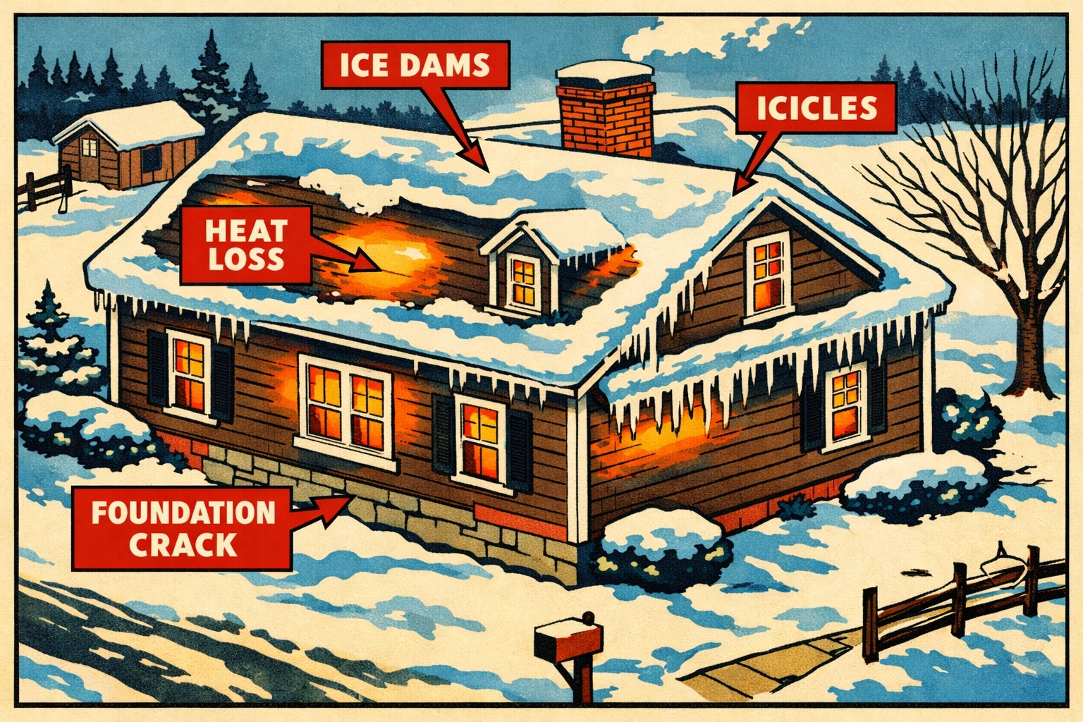 NH colonial home showing winter damage including ice dams, heat loss, and foundation cracks