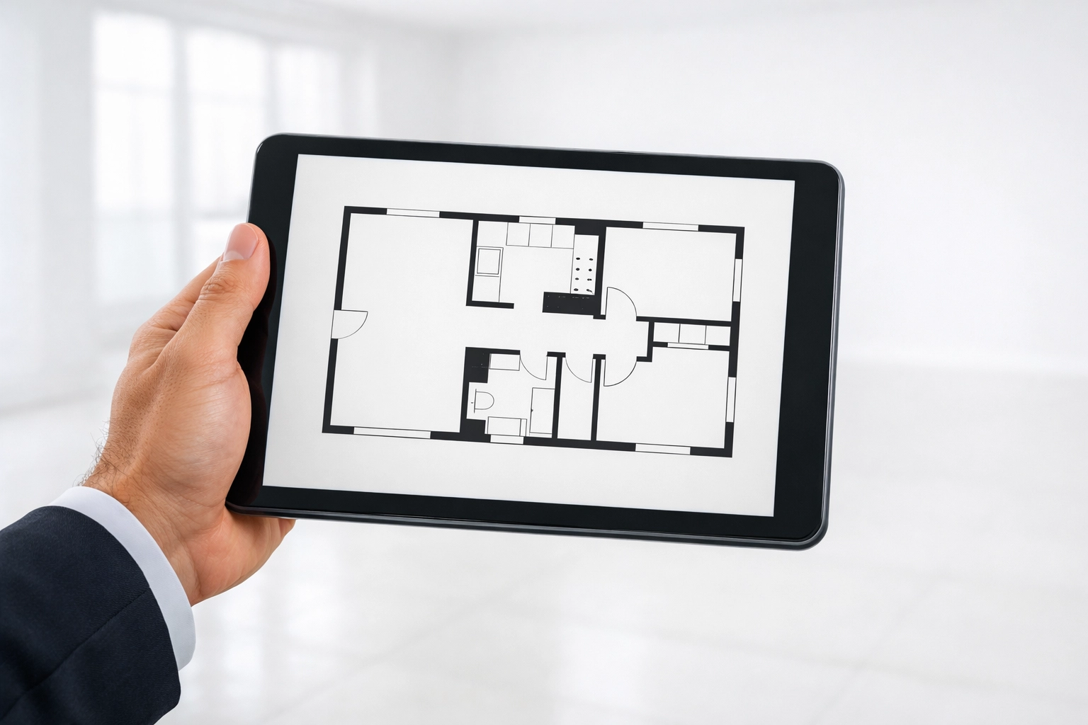 Reviewing a digital property floor plan on a tablet to secure 100% rehab funding.