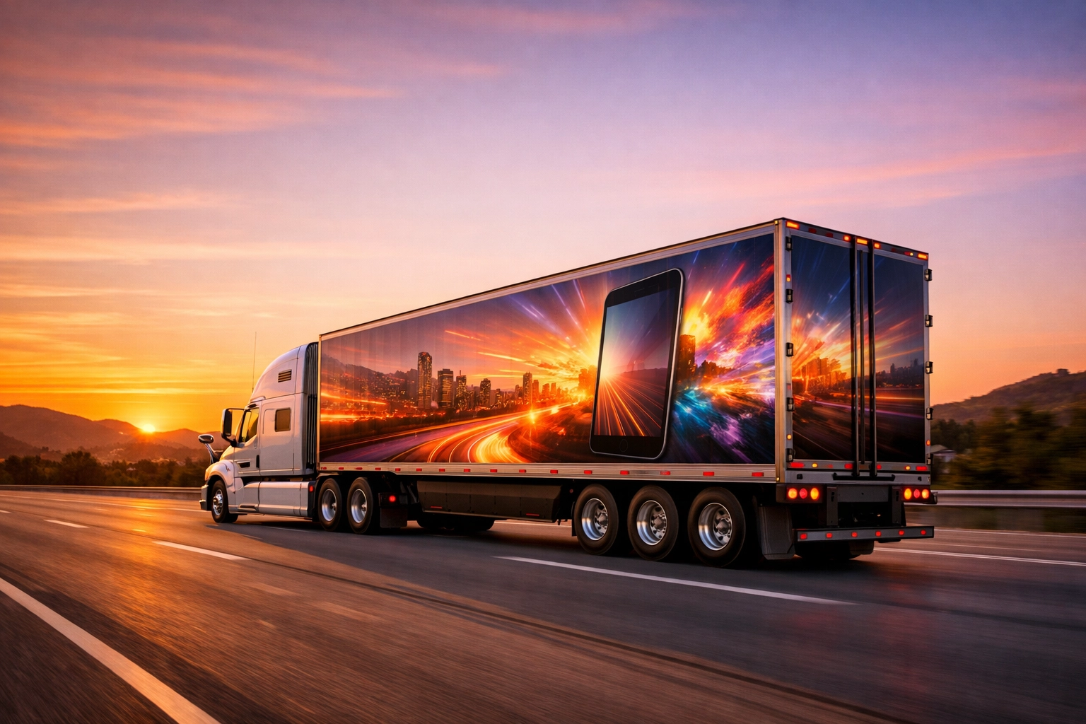 Mobile highway advertising truck showcasing broad brand reach and strategic integrated media solutions.