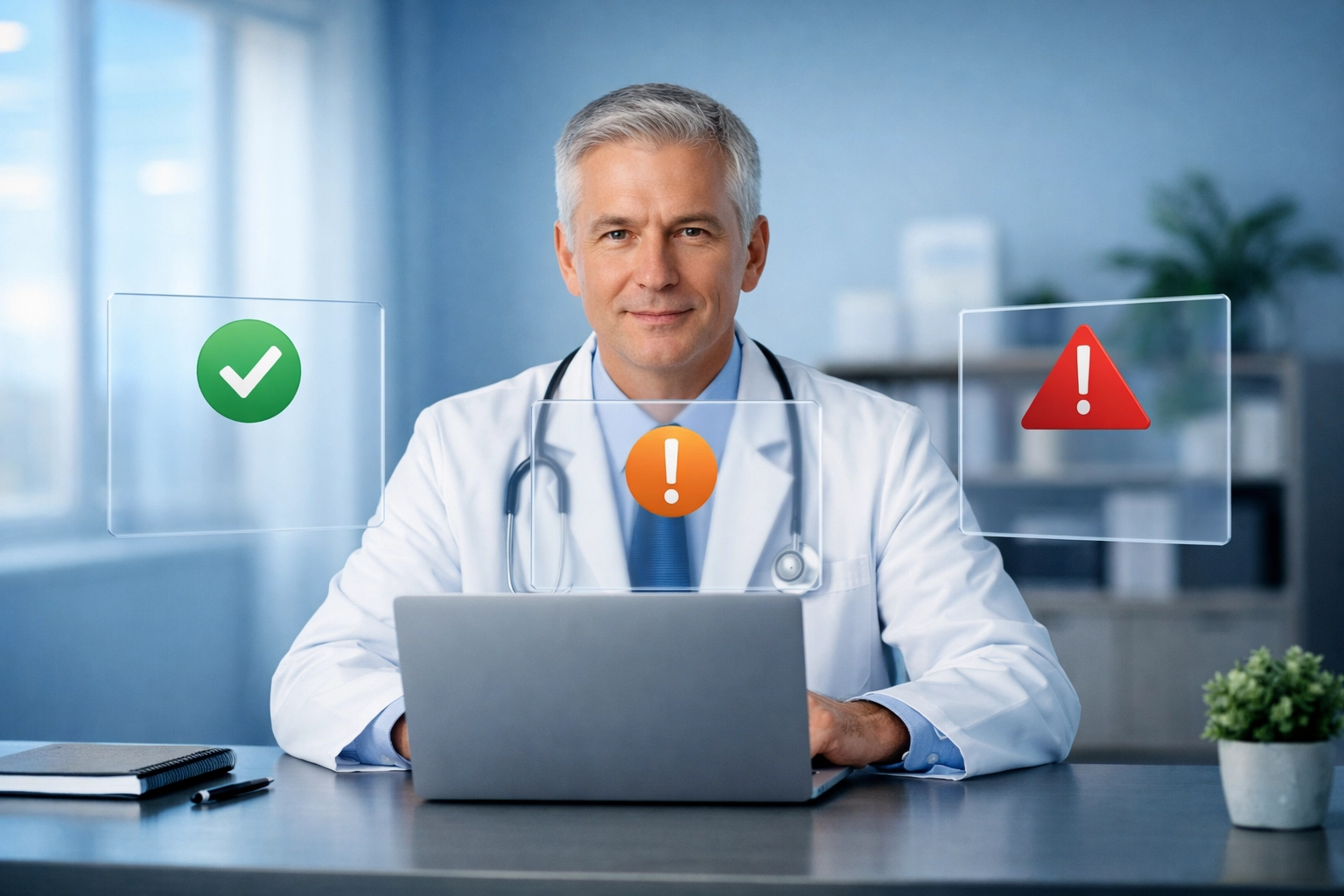 Healthcare leader organizing strategic priorities at desk for AI implementation decisions