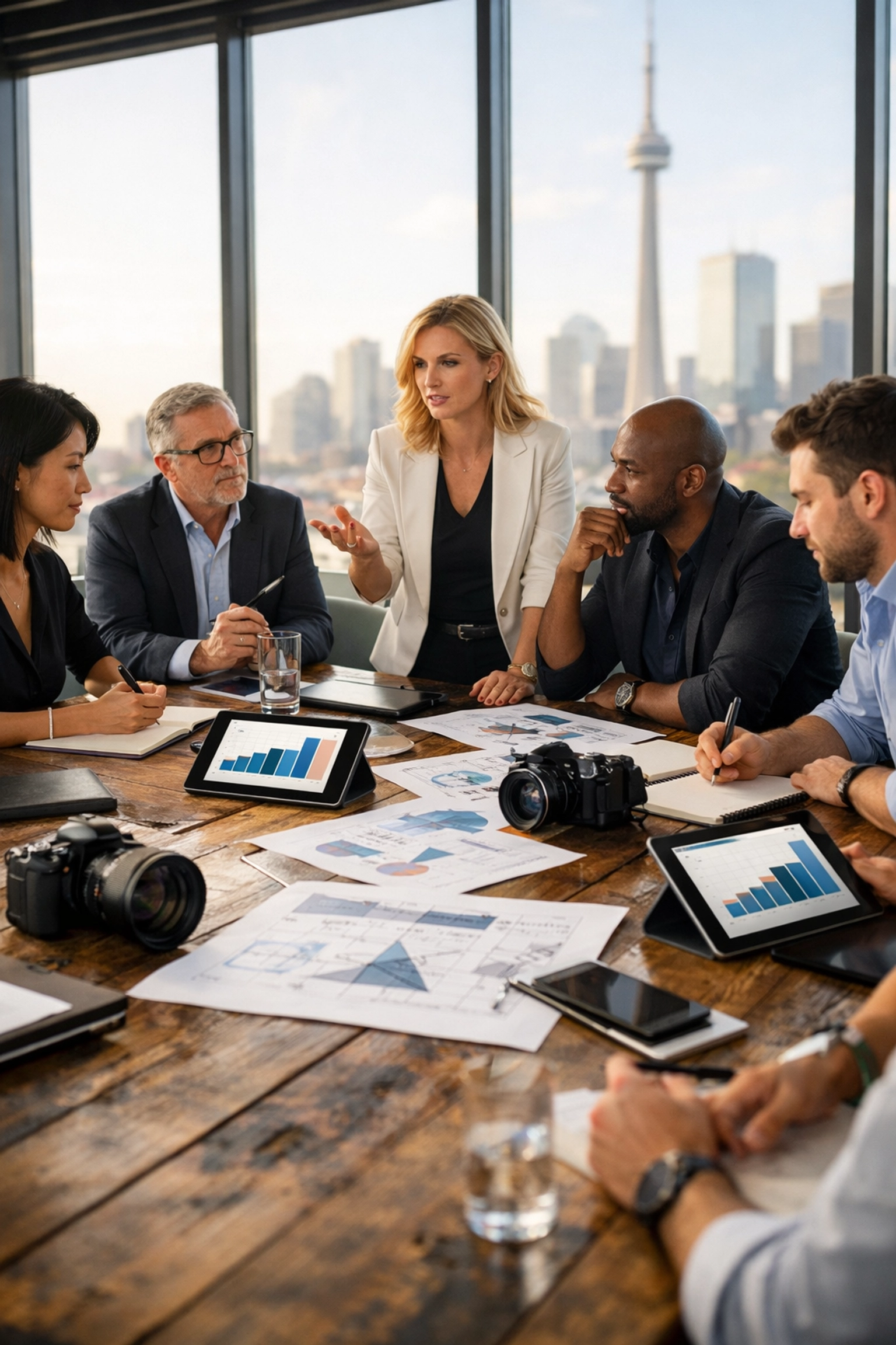Professional SEO experts in a Toronto boardroom discussing data-driven content marketing and growth strategies.