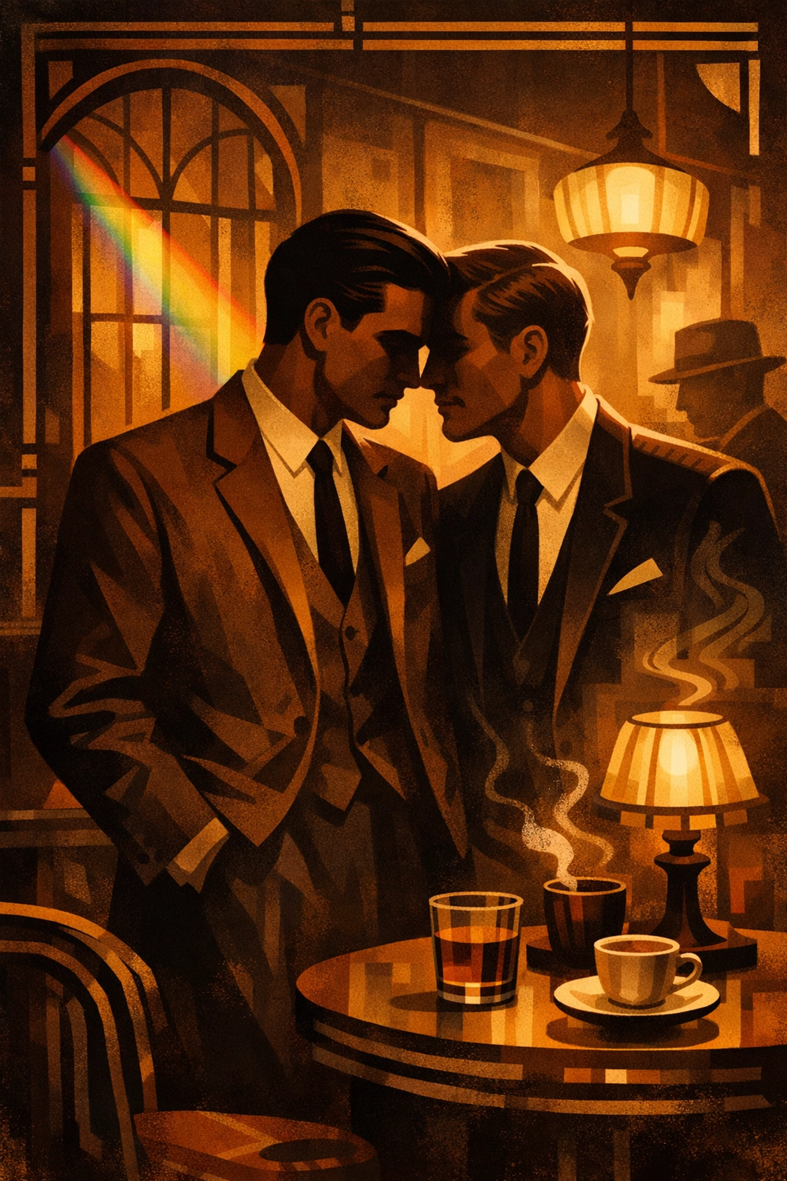 Two men in 1960s café depicting hidden gay romance and coded LGBTQ+ relationships