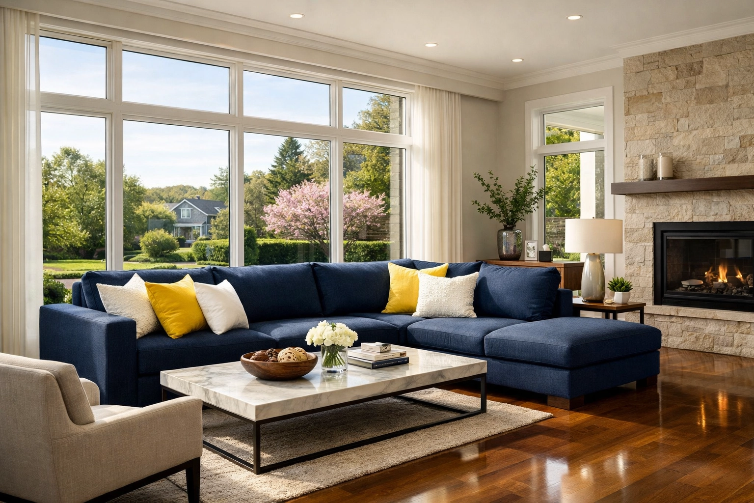 Immaculate luxury living room in a Burlington home after a Reliable House Cleaning Service in Burlington visit.