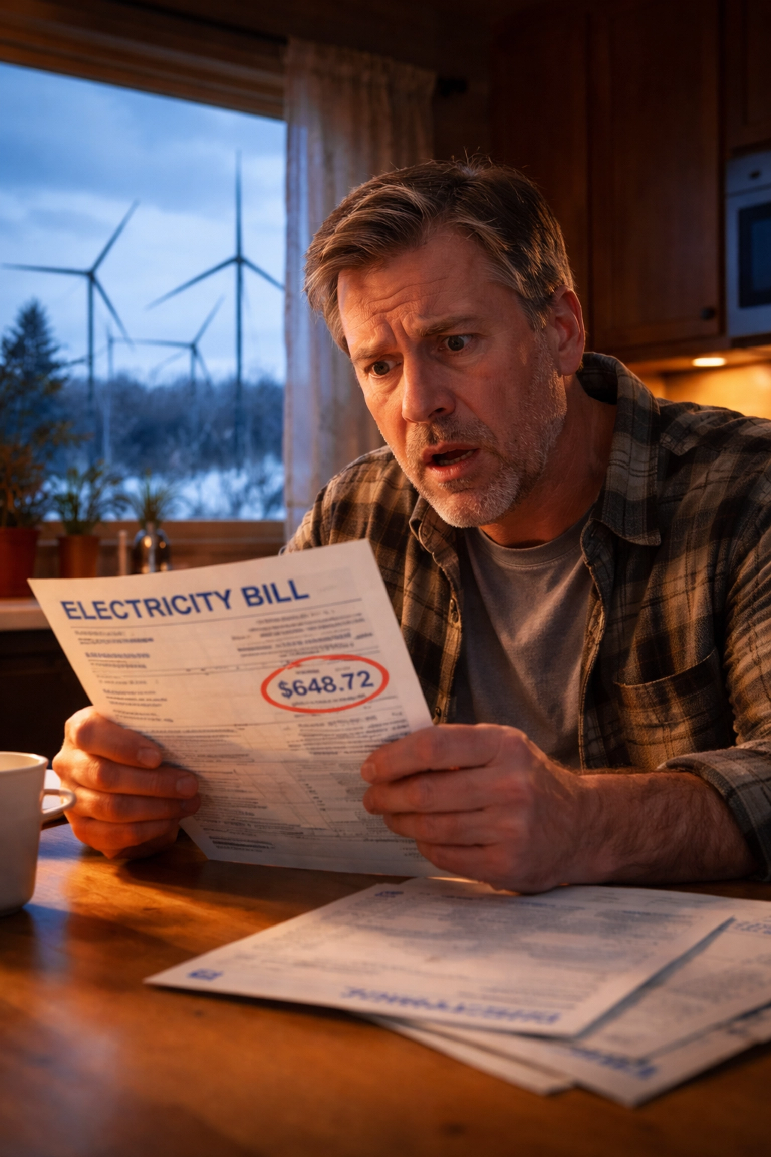 Stressed man at kitchen table reacts to soaring electric bill with wind turbines in background, highlighting rising energy costs from renewables.