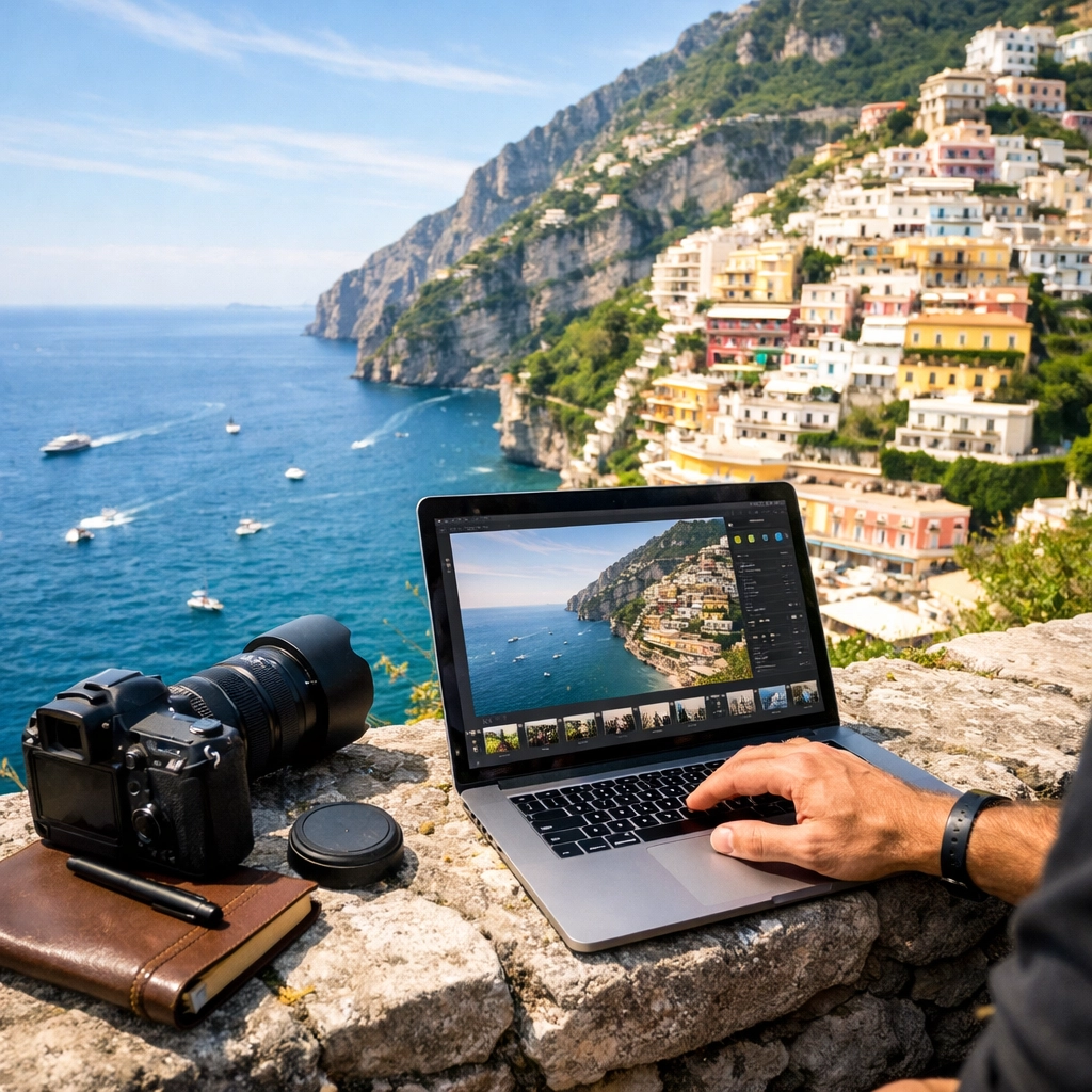 Travel photographer editing on a laptop at the Amalfi Coast with a fast photography workflow.