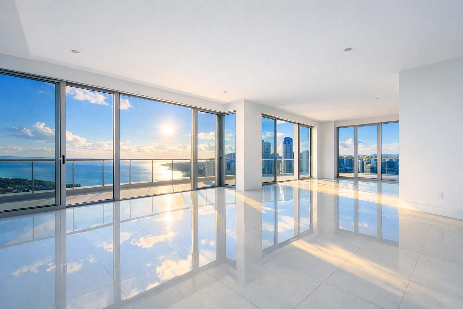 Clean empty apartment with sunlit windows after a move-out cleaning service walkthrough.