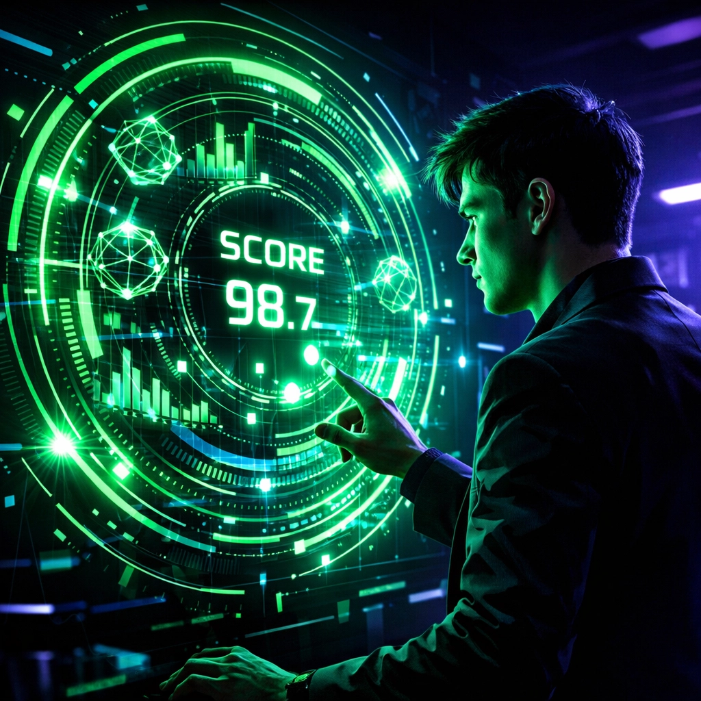 Professional analyzing an AI readiness score using a futuristic digital assessment interface.
