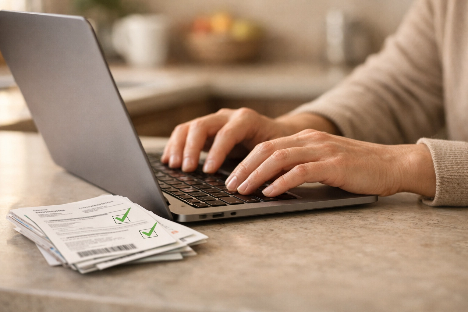 Someone organizing household bills and using a cash advance to manage expenses on their laptop.