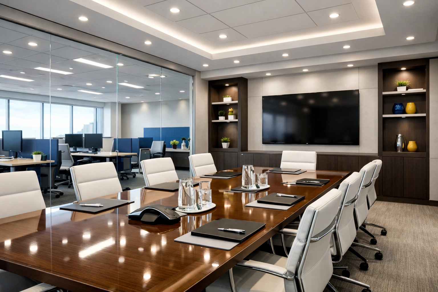 Modern commercial office set up for performance after office cleaning: spotless conference room and organized workstations.