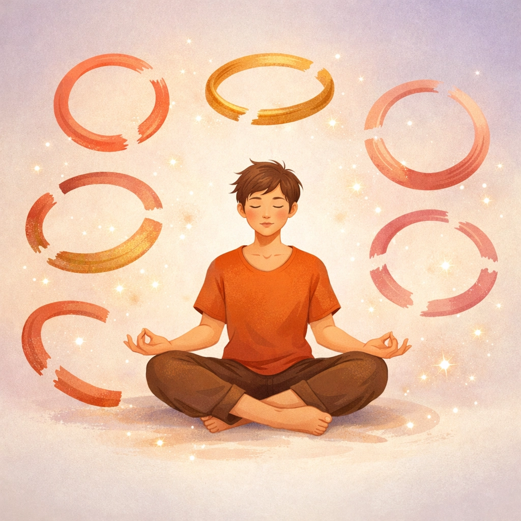 Person meditating surrounded by incomplete emotional loops representing inner healing work