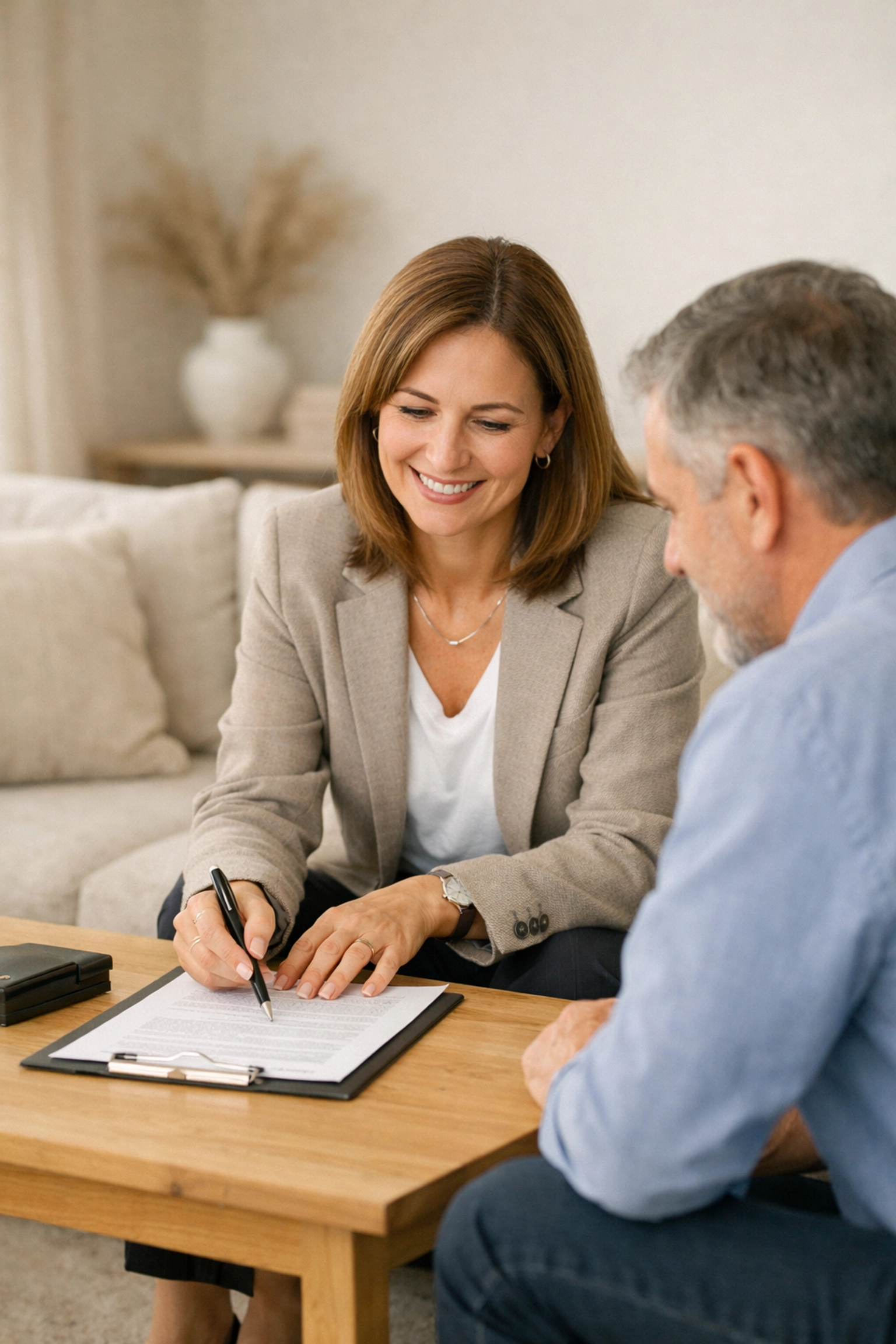 A professional notary and homeowner reviewing documents during an in-person hybrid closing appointment.