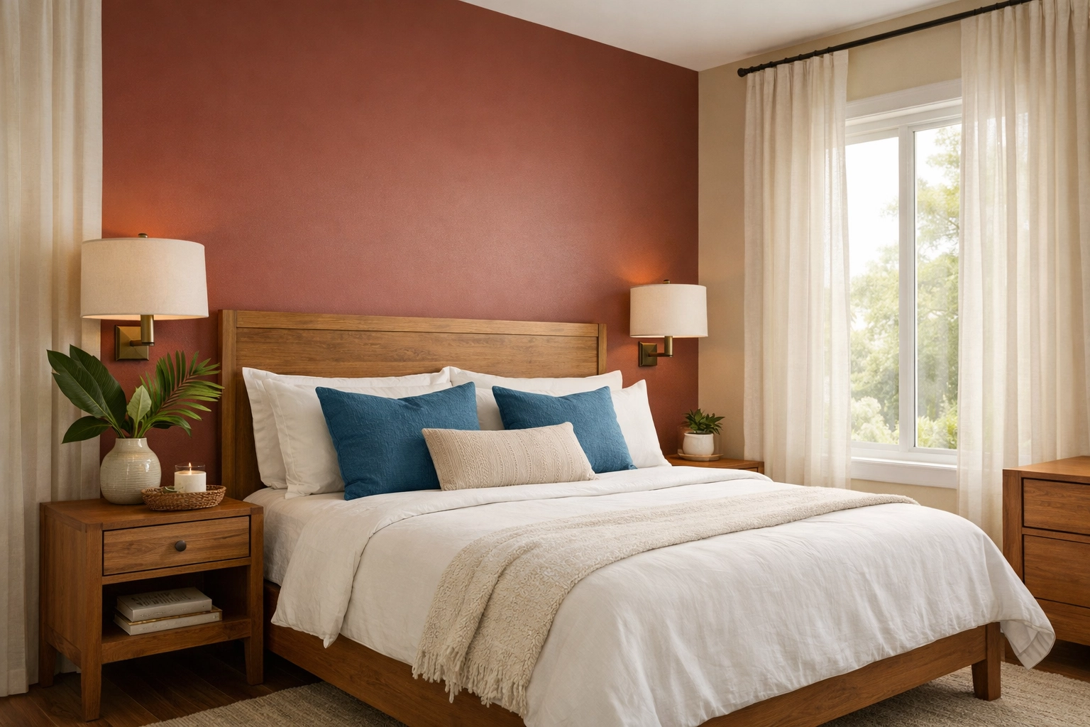 Florida bedroom with reddish-brown accent wall and nature-inspired interior painting