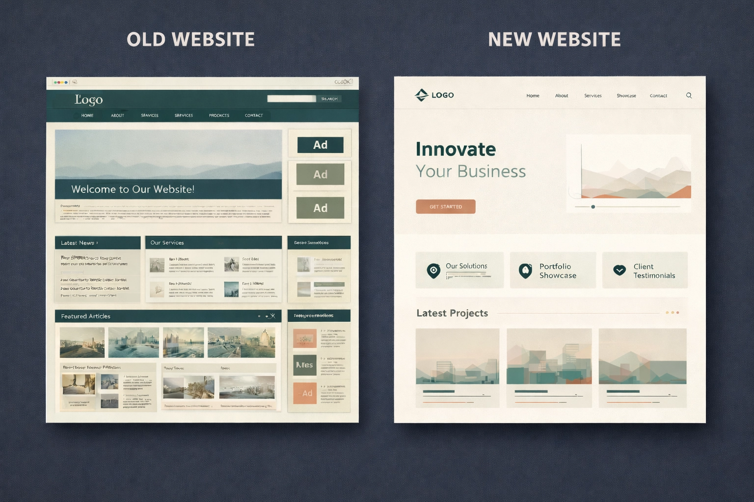 Comparison of outdated website design versus modern website redesign for small businesses