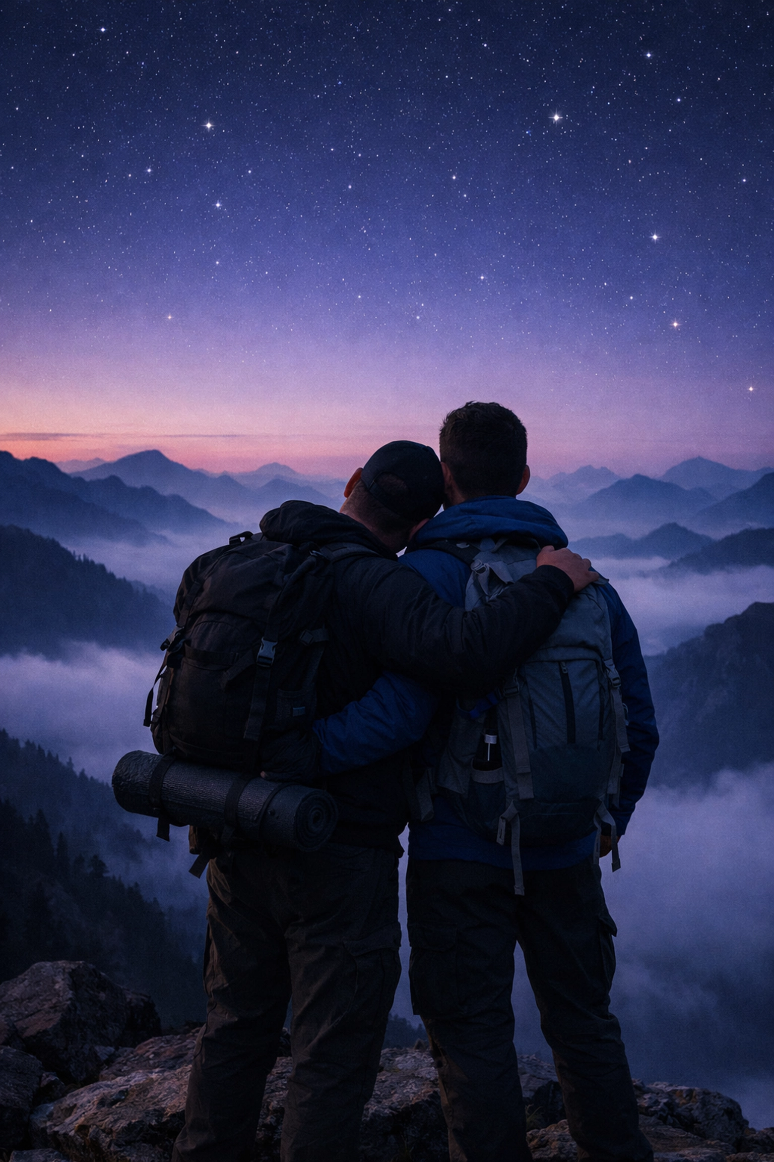 Two men on a romantic hiking trip at sunset, exploring queer hobbies and finding connection in nature.