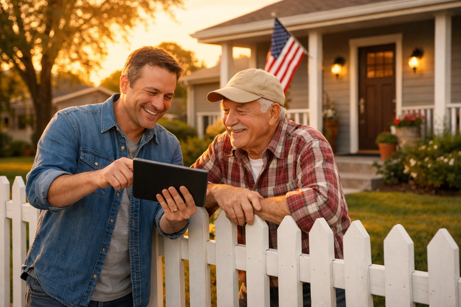 Friendly neighbors sharing local news over a white picket fence, representing active participation in civic values.