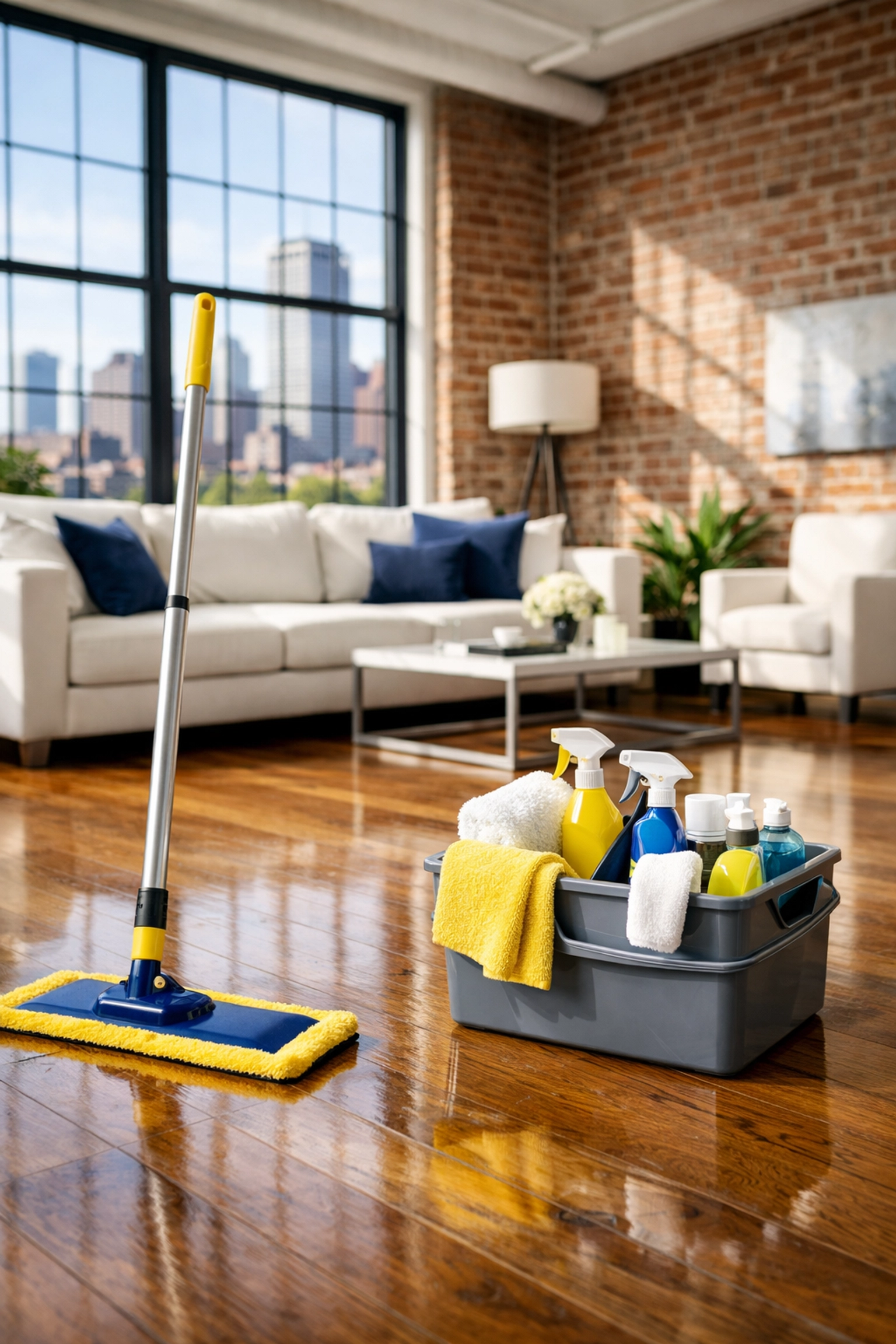 Professional apartment cleaning Boston equipment on a polished hardwood floor in a modern loft.
