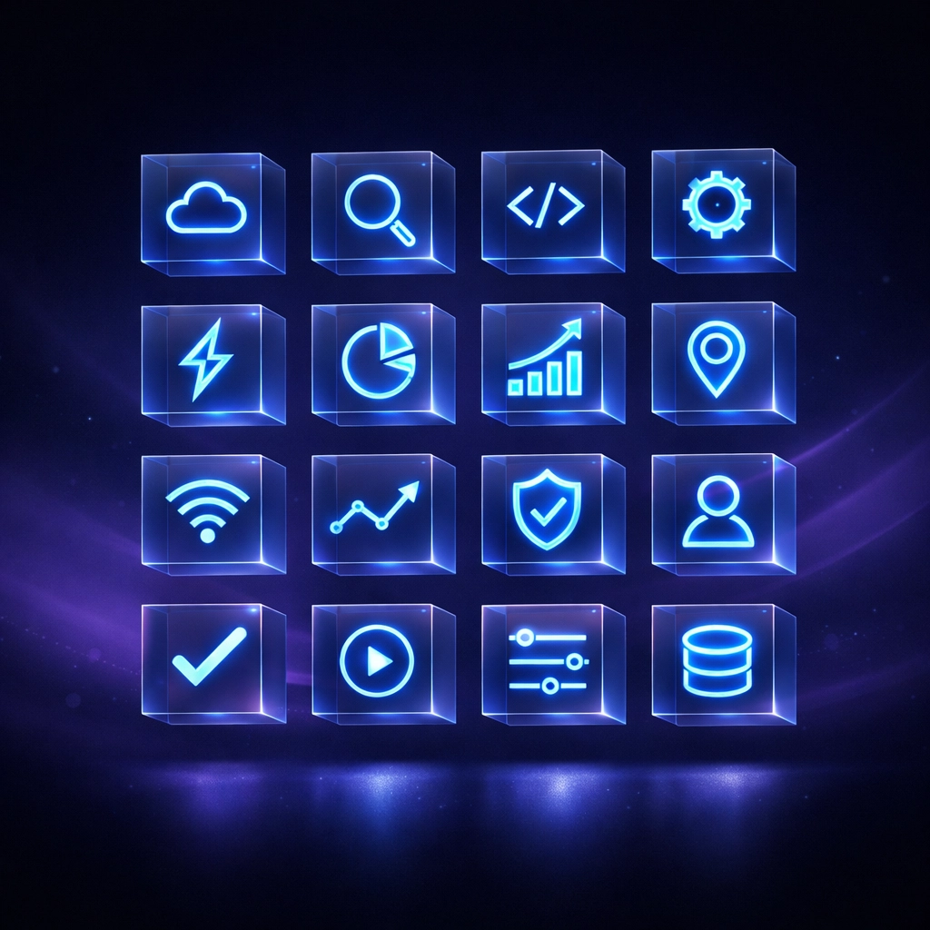 Floating digital grid of marketing icons representing high-performance AI SEO software tools.