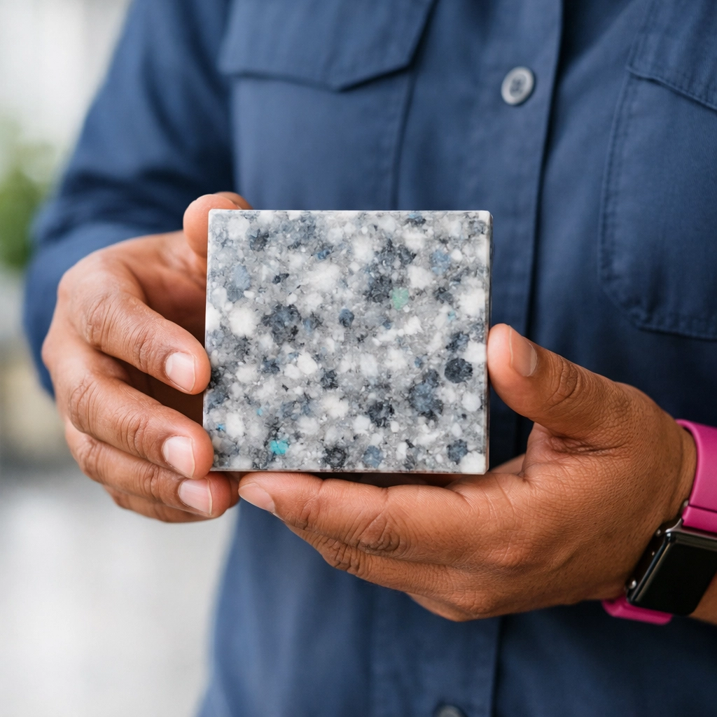 A professional holding a sample of recycled plastic material representing circular economy practices.