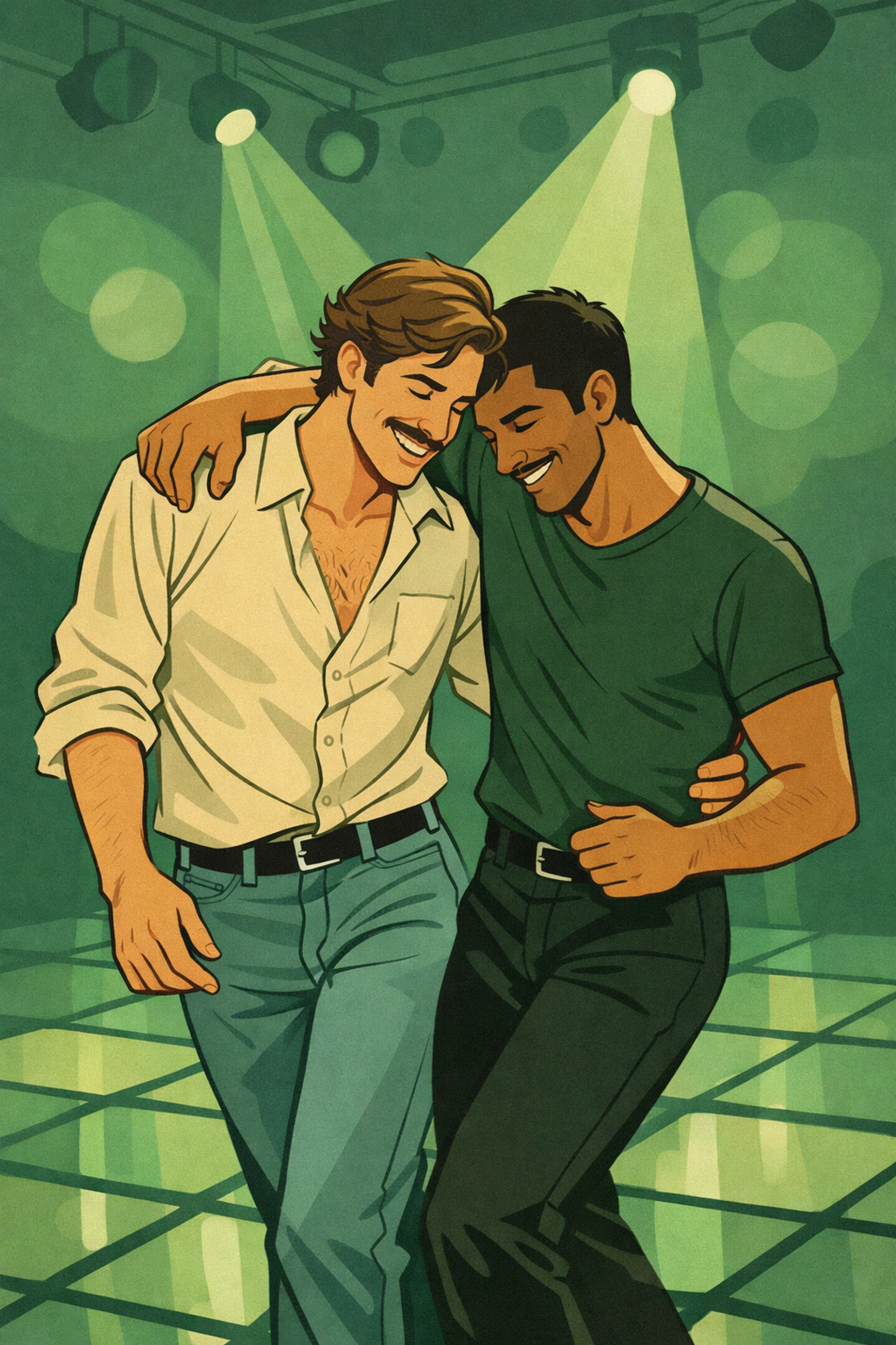 MM couple dancing joyfully in a 1970s Soho nightclub, illustrating London's vibrant queer history.