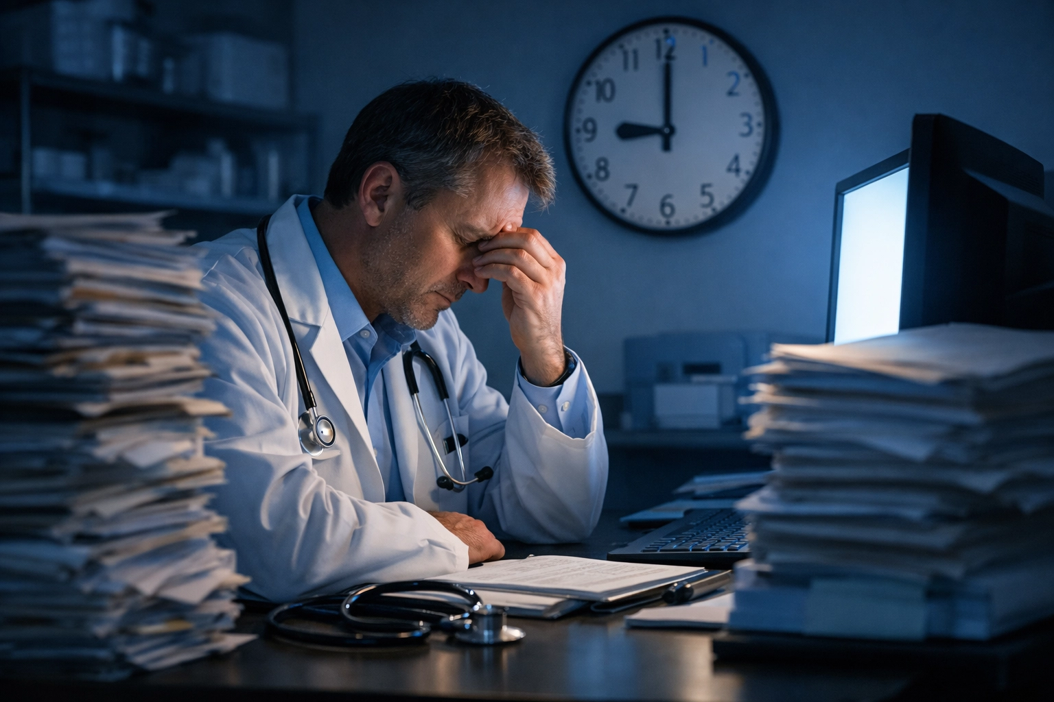 Clinician overwhelmed by paper documentation late at night showing documentation burden