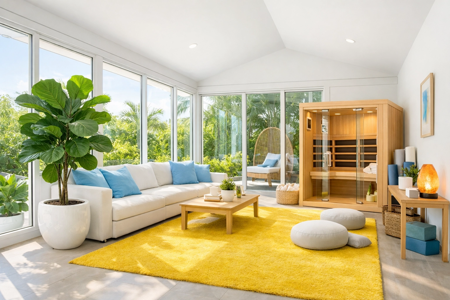 A sun-drenched, dust-free sunroom showcasing healthy indoor air quality after cleaning.