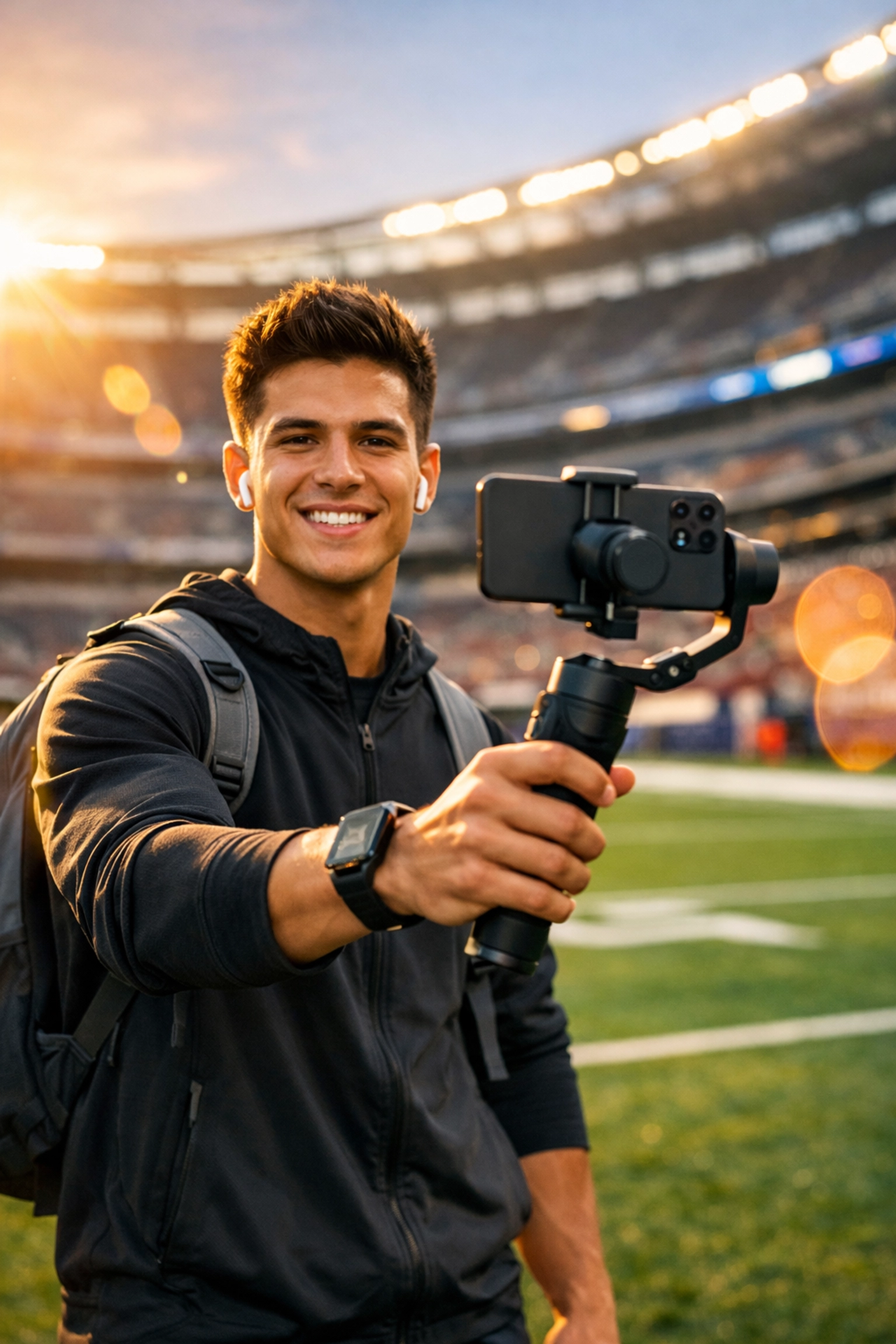 NIL athlete recording social media content at a football stadium for a Super Bowl brand campaign.