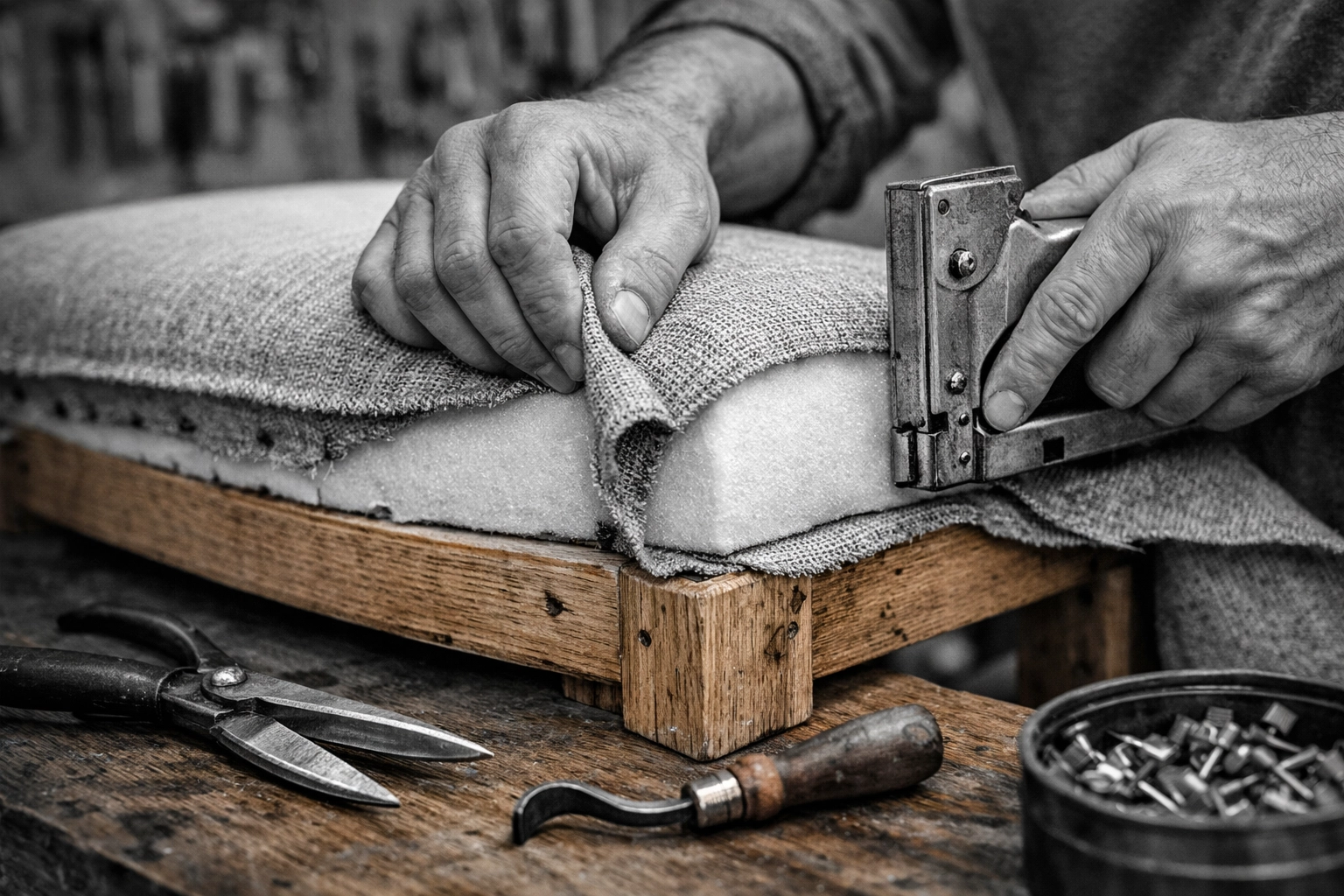 Professional furniture reupholstery process with premium fabric at Chattanooga workshop