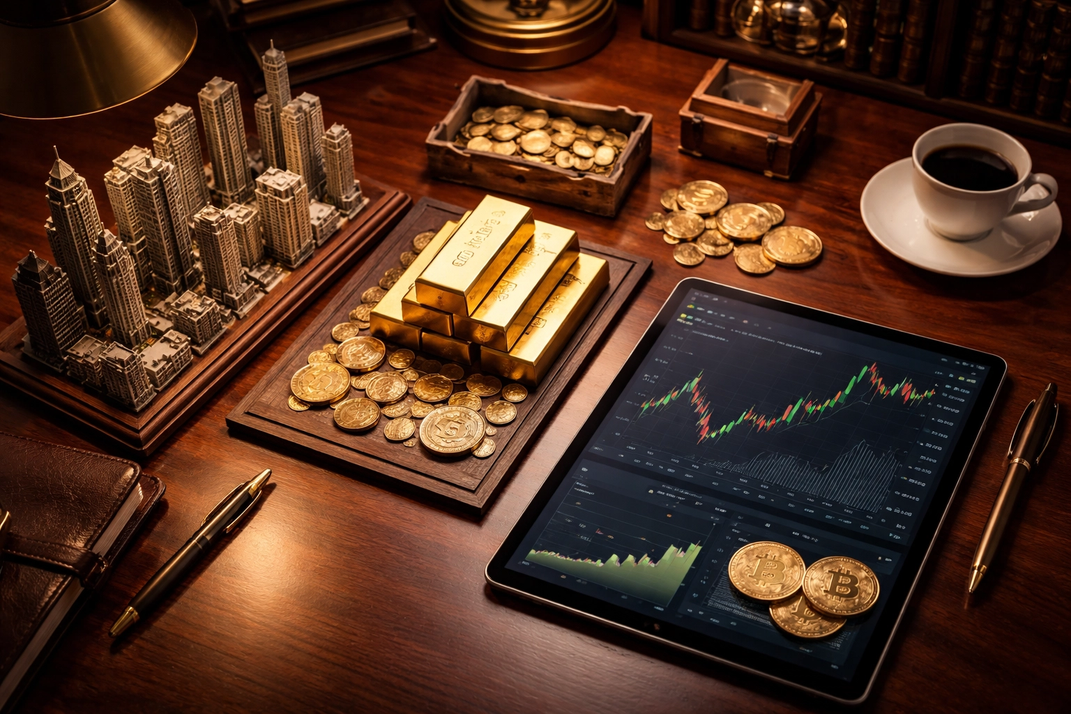 Diversified investment assets on a luxury desk, featuring real estate models, commodities, and crypto, symbolizing portfolio alternatives.