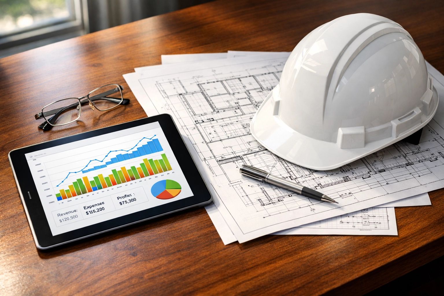 Modern office desk with financial charts and hard hat, highlighting accuracy in community impact consulting projects.