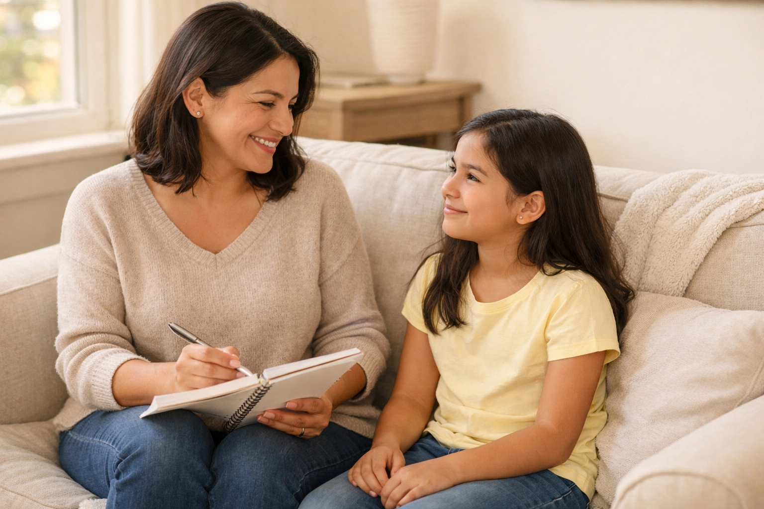 Ouder bespreekt afspraken van schoolgesprek met kind in rustige setting