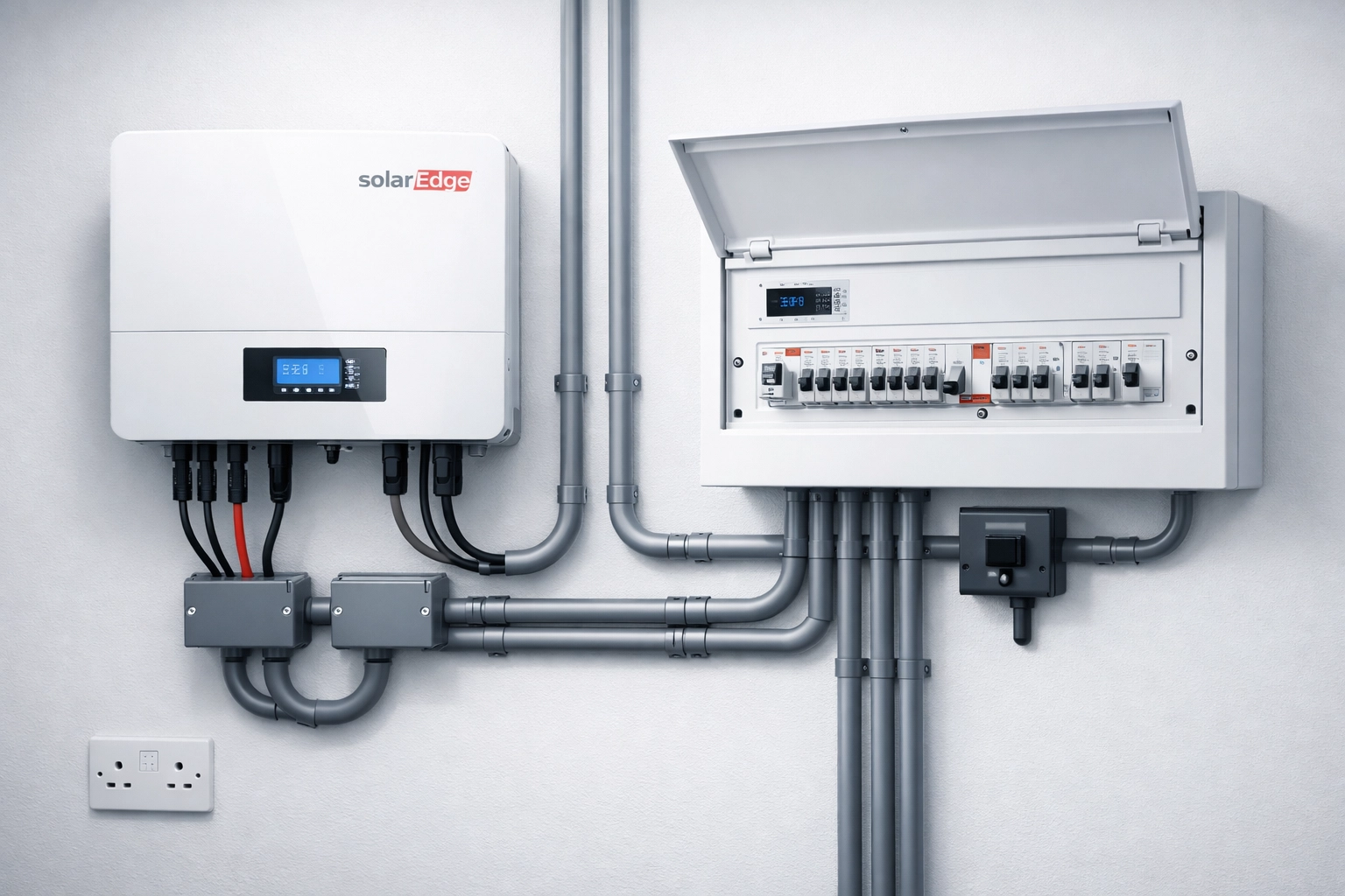 NAPIT-certified solar inverter installation with professional electrical wiring in a UK home.