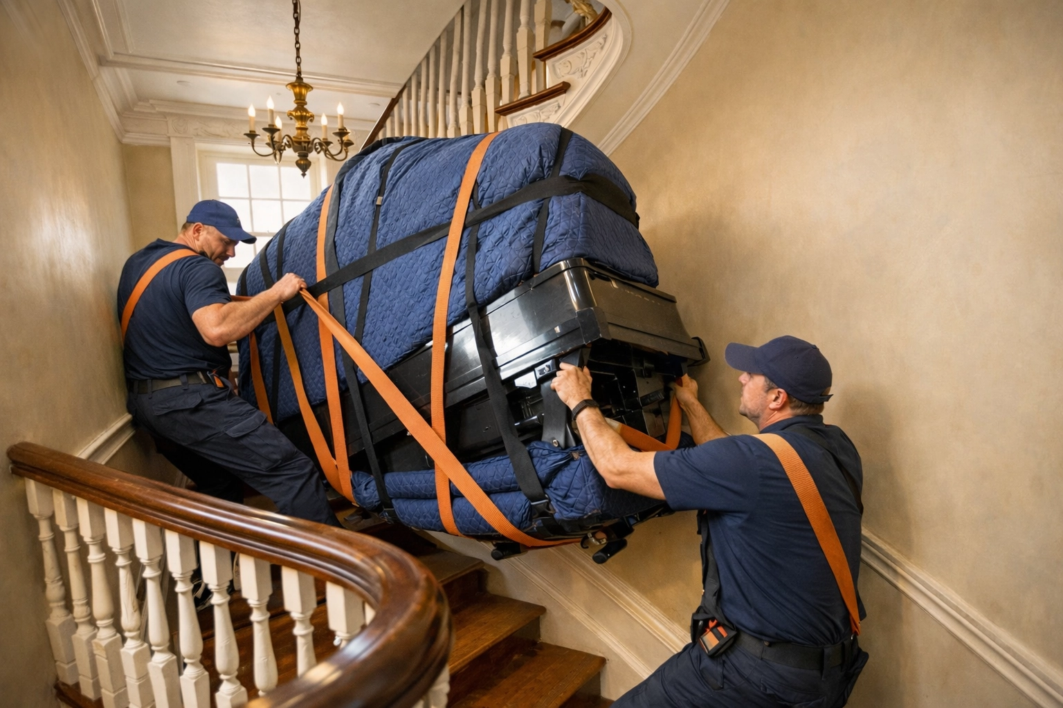 Professional movers transporting a grand piano down stairs - a key risk for specialist insurance