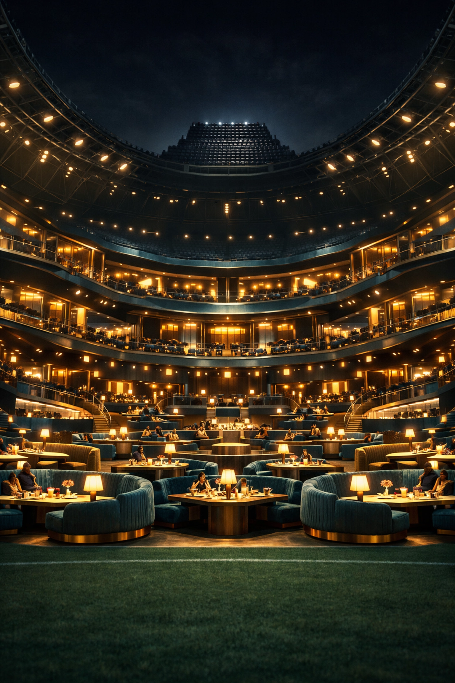 Modern boutique stadium design featuring expansive luxury lounges and tiny sections for regular seating.